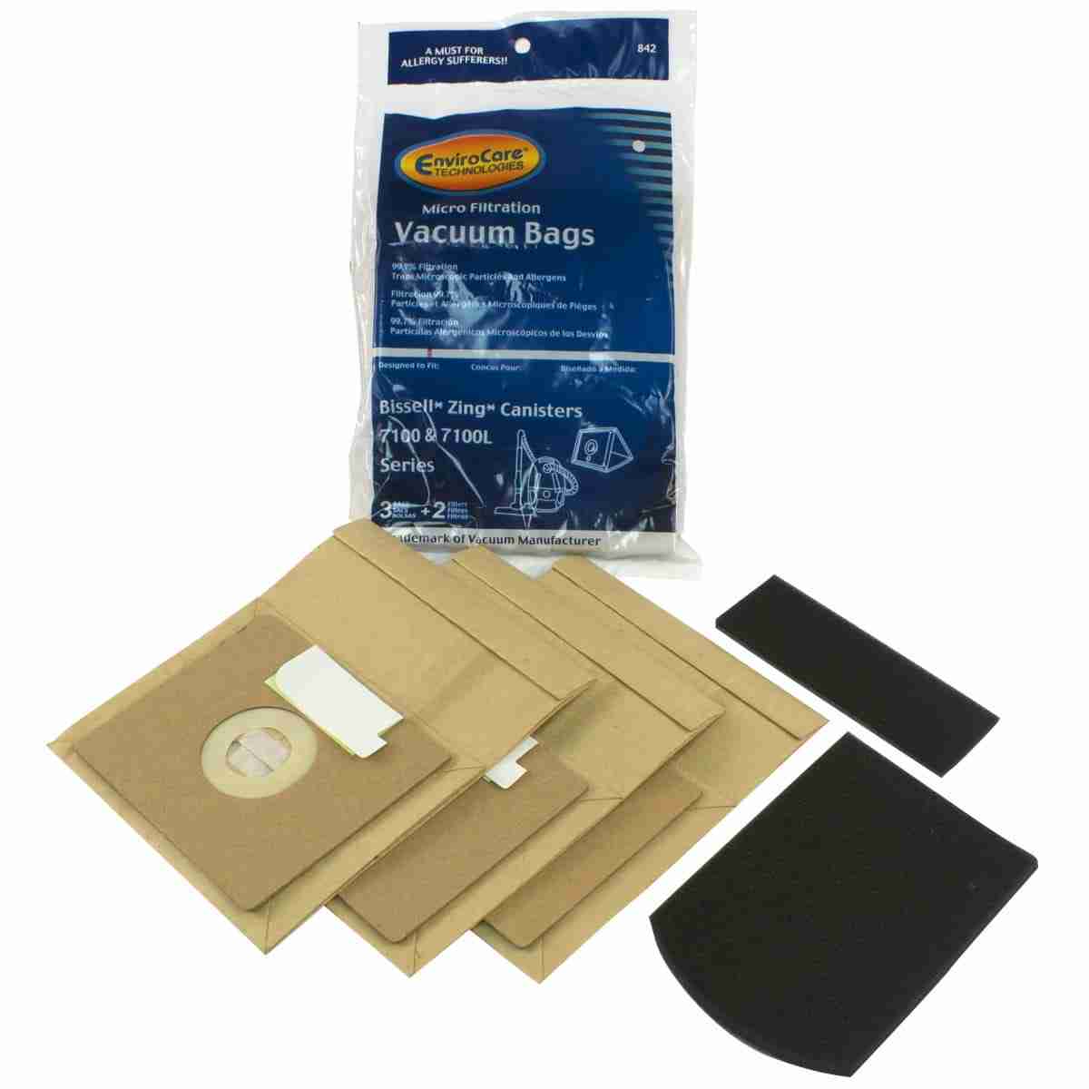 Bissell Zing 7100 / 7100L Canister Paper Bag & Filter 3210842 - (Pack of 3 & 2 Filter)
