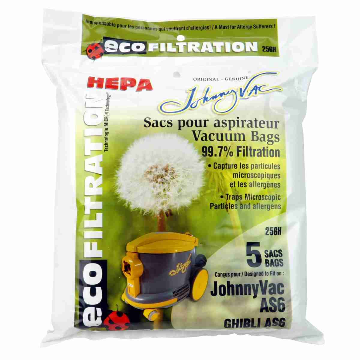 Johnny Vac JV6 / Ghibli AS6 OEM Canister HEPA Bag 256H - (Pack of 5) - Image 2