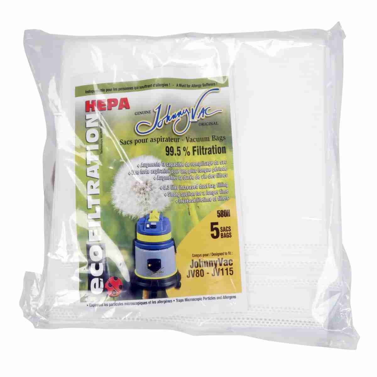 Johnny Vac OEM JV115 / JV80 / Michael's M50 Canister HEPA Bag 580H - (Pack of 5) - Image 2