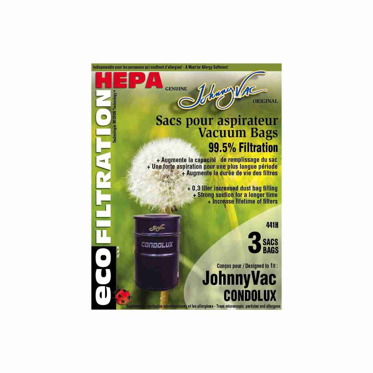 Johnny Vac Condolux / JV600C / Rhinocw / RUV540 / DuoVac AIR10 Central Vacuum HEPA Bag 441H - (Pack of 3) - Image 2