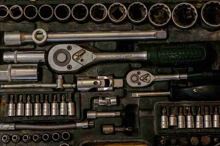 A top down view of a socket wrench set.