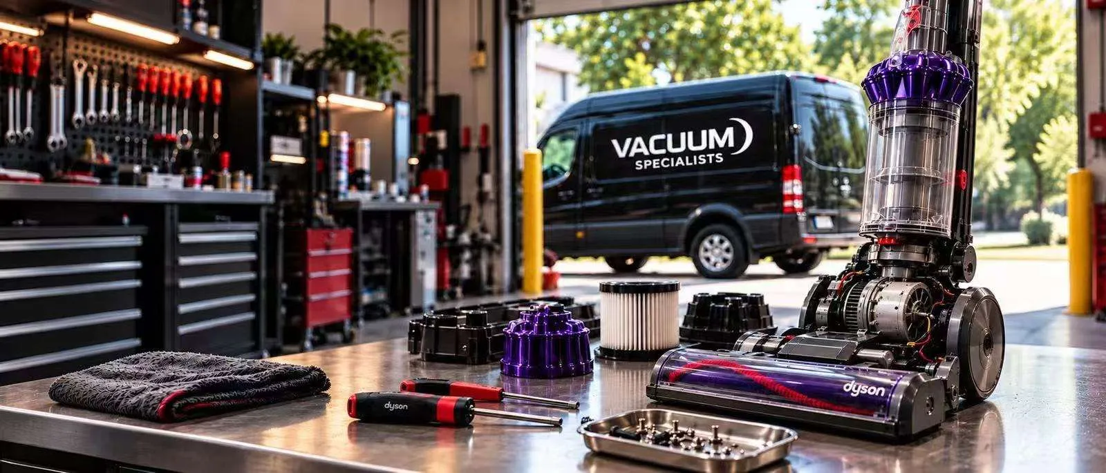 Technician repairing an upright vacuum