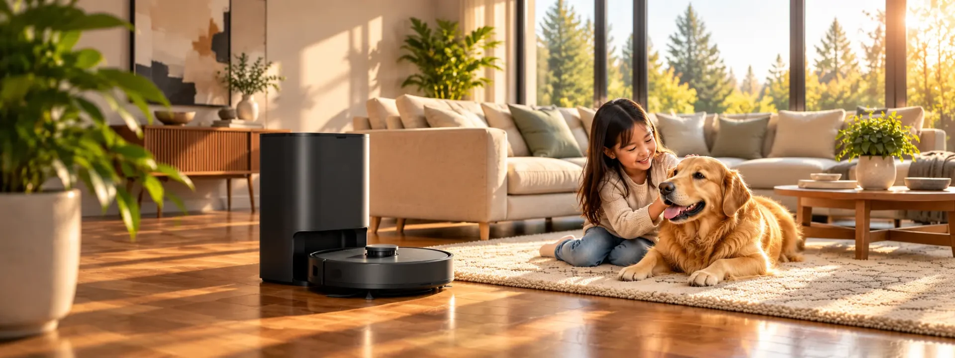 Robot vacuum and self-emptying dock in a sunny living room with a child and a golden retriever